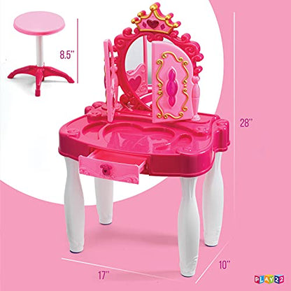 Play22 Pretend Play Girls Vanity Set with Mirror and Stool 21 PCS - Kids Makeup Vanity Table Set with Lights and Sounds - Includes Fashion Hair & Makeup Accessories