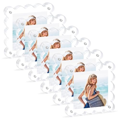 Acrylic Magnetic Picture Frames 4x4-6Pack Clear Freestanding Photo Frame.Double-Sided Scalloped Edges, 10+10mm Thick Block, for Modern Desktop Display &Perfect for Gifts (6 Pack, 4X4) - color: 6 Pack, size: 4x4
