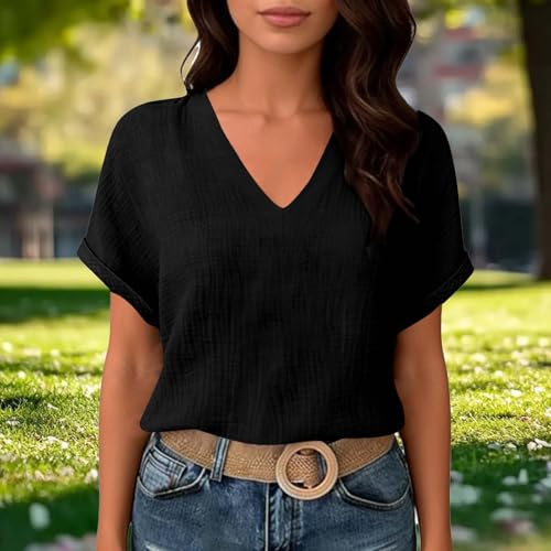 Womens Shirts Cotton Linen v Neck Short Sleeve Blouses Casual Loose Fit Textured Summer Pullovers Daily Wear - color: A02-black, size: Large