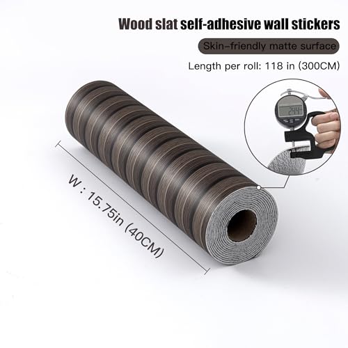 Peel and Stick PVC Slat Wall Panels, Wood Grain Self-Adhesive Soundproof Moisture-Resistant Paneling, 3D Faux Wood Panels for Bedroom Bathroom Walls & Ceilings 118"x15.75"(Dark Walnut,13Sq.ft) - color: Dark Walnut