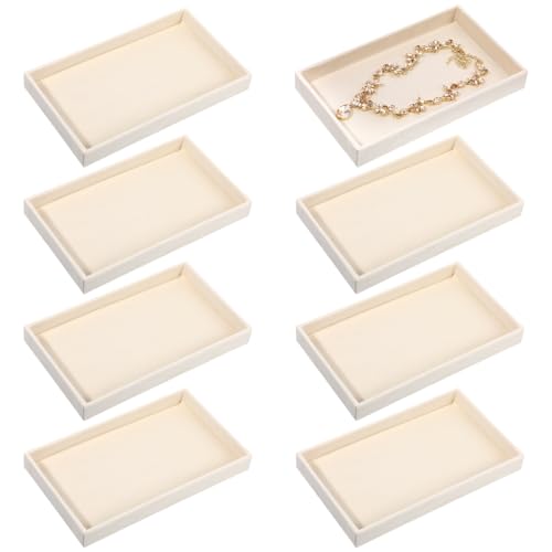 Dimeho 8 PCS Velvet Jewelry Organizer Trays Stackable Jewerlry Tray Jewelries Storage Display Plate Beige Blank Display Flat Tray for Earring Ring Beads Bracelet Necklace 8.3 x 4.7 x 1 Inches