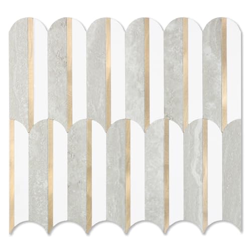 OYAISIMI 10 Sheets Seamless Peel and Stick Backsplash Tile for Kitchen,White and Gray Stone PVC Mixed Light Gold Self Adhesive Fish Scale Metal Mosaic Tiles - color: Gray Stone+Pure White+Light Gold