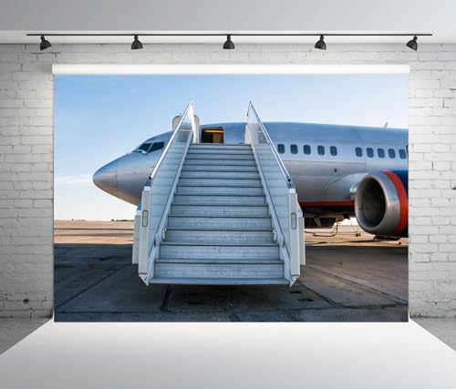 BELECO 5x3ft Fabric Airplane Backdrop Passenger Aircraft with Boarding Steps at The Airport Apron Background for Party Decorations Birthday Shoot Studio Booth Photo Props - size: 5x3FT