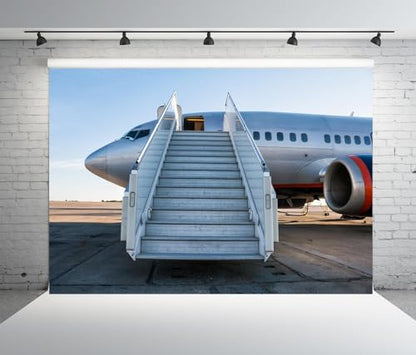 BELECO 10x6.5ft Fabric Airplane Backdrop Passenger Aircraft with Boarding Steps at The Airport Apron Background for Party Decorations Birthday Shoot Studio Booth Photo Props - size: 10x6.5FT