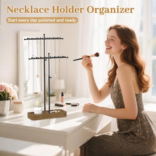MODOWEY Necklace Holder Organizer Stand with 36 Hooks, Tall Display Tree Rack for Women Men Jewelry Storage, Adjustable 2 Tier Metal Hanger Wood Tray for Vendor, Large Capacity for Dresser Small Space - color: Black+Brown, size: 2 Tier