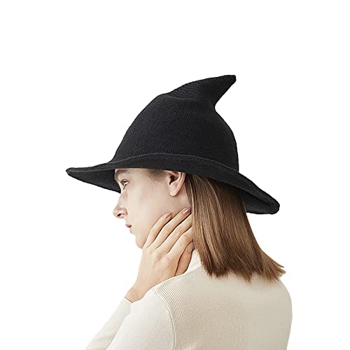 Halloween Witch Hat for Women Wide Brim Foldable Wizard Hat Wool Knit Pointed Cap Cosplay Costume Accessory - color: Black
