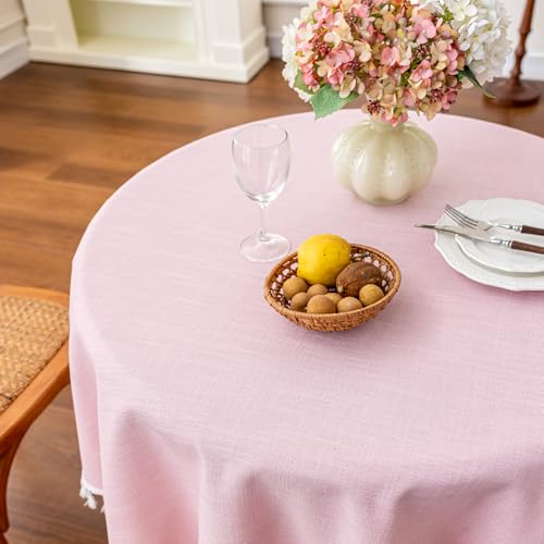 JIALE Valentines Textured Tablecloth, Heavy Duty Linen Style Farmhouse Table Cloth Round Tables, Wrinkle-Free Washable Waterproof Table Cover for Kitchen, Dining, Parties, 55"x55", Pink - color: Pink, size: 55" (Round)