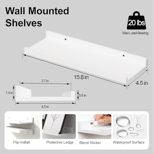 White Floating Shelves for Wall Decor, Wall Mounted Wood Storage Shelf for Bedroom, Living Room, Bathroom, Kitchen, Nursery, Display Picture Ledge Shelf with Lip Set of 2-16 Inches, White - color: White, size: 15.8in
