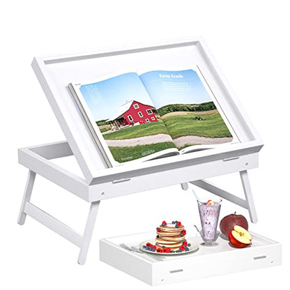 Bed Tray Table Breakfast Food Tray with Folding Legs Serving Tray for Computer Laptop Desk Bed Platters TV Snack Tray by Artmeer (White, Medium) - color: White, size: Medium
