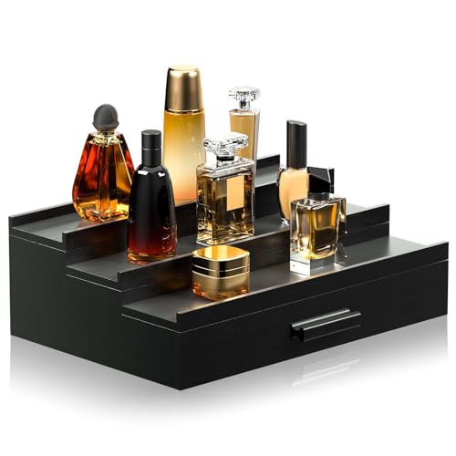 Sephyroth Cologne Organizer for Men 3 Tier of Elevated Cologne Display Shelf with Drawer Storage Perfume Organization and Storage Display Risers,Great Gift for Man(Black) - color: Black