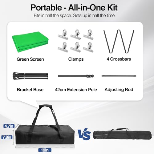 5x7ft Green Screen Backdrop Kit with Stand, Portable Greenscreen Background Includes Foldable T-Stand, 6 Clips and Carry Bag for Streaming, Gaming, Meeting, Video Production, Photography - size: 5x7ft