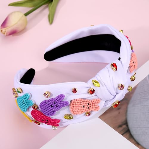 NVENF Easter Headband for Women Beaded Rabbit Bunny Headband White Pink Crystal Pearl Knotted Headbands Happy Easter Hair Accessories Spring Holiday Headwear Outfits Gifts (Bunny E-White) - color: Bunny E-White