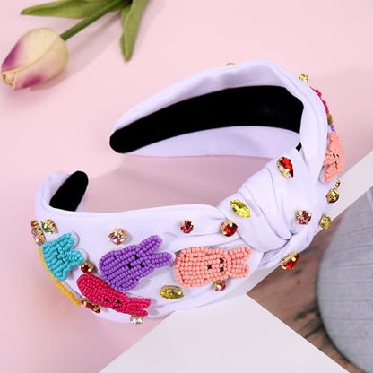 NVENF Easter Headband for Women Beaded Rabbit Bunny Headband White Pink Crystal Pearl Knotted Headbands Happy Easter Hair Accessories Spring Holiday Headwear Outfits Gifts (Bunny E-White) - color: Bunny E-White