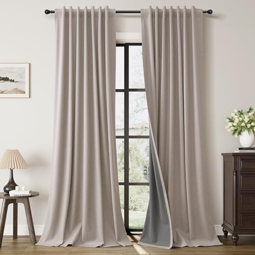 Guken Apricot Linen 100% Black Out Curtains for Living Room 108 Inches Long 2 Panels Set Back Tab Elegant Textured Room Darkening Insulated Drapes Curtains for Bedroom Apricotbuff 52x108 9Ft - color: Apricot, size: 52"W x 108"L (Pack of 2)