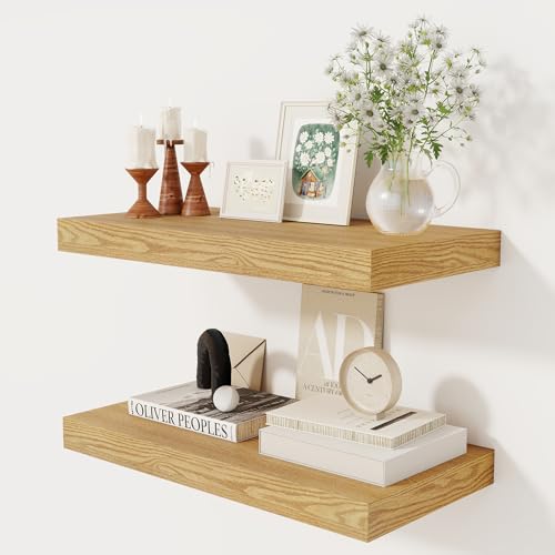 12 Inch Deep Floating Shelves, 24 x 12 Floating Shelf for Books, Rustic Wood Deep Wall Shelves for Home Storage & Display, 2" Thicked Shelves for Kitchen, Living Room, Bedroom, Oak Color, 2 Pack - color: Oak, size: 24"W x 12"D, 2 Pack