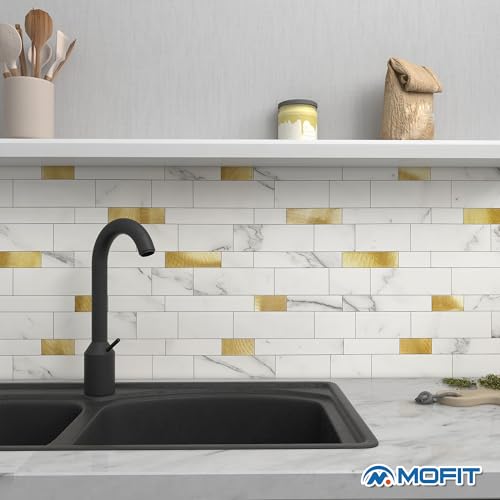 Backsplash Tile for Kitchen Peel and Stick Stone Matte Finish,Bathroom Tiles Stickers 3D Wall Panel Linear Mosaic Marble Backsplash Waterproof(10sheets,White Gold) - color: White Gold, size: 10sheets