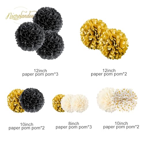 NICROLANDEE Black and Gold Party Supplies for 2026 Graduation - 12PCS Tissue Pom Poms 12" Decorative for Graduation, Wedding, Milestones Birthday for Men Women, Retirement Party, New Years Eve Party - style: Black Gold