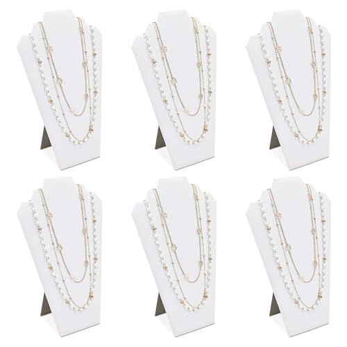 MOOCA 6 Pieces Deluxe White Faux Leather Covered MDF Wood with Cardboard Easel Necklace Display, Jewelry Stand Necklace Display for Craft Shows, 8 1/2 W x 3" D x 12 1/2 H in - color: White Faux Leather