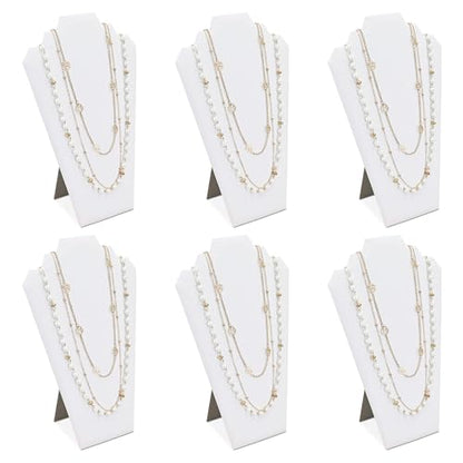 MOOCA 6 Pieces Deluxe White Faux Leather Covered MDF Wood with Cardboard Easel Necklace Display, Jewelry Stand Necklace Display for Craft Shows, 8 1/2 W x 3" D x 12 1/2 H in - color: White Faux Leather