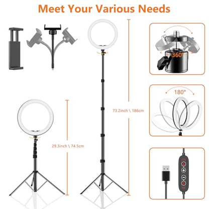 12" Selfie Ring Light with 73" Extendable Tripod Stand: PEYOU Desk Selfie Lights 38 Color Modes, Upgrade 3 in 1 Dimmable Adjustable Speed Ring Light for Makeup/TIK Tok/YouTube - size: 73 inch