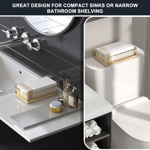 Wican Guest Towel Holder Tray for Bathroom, Oak and Iron Napkins Holder for Powder Room Dinning Table Wooden Basket for Disposable Paper Hand Towels Gold and Oak - color: Gold/Oak, size: 9.06 x 5.51 x 2.56 inchs