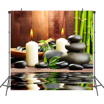 Meditation Relax Backdrop 5x5ft Bamboo Zen Stone Candle Water Woodiness Floor, Dessert Table Banner Decoration Background Studio Photography Props BJOKPH0024 - size: 5x5ft