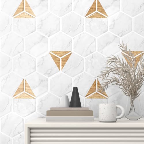 WESTICK White Gold Marble Back Splash Stick on Tiles for Kitchen Hexagon Peel and Stick Backsplash Tile Waterproof Bathroom Vinyl Backsplash Panels for Laundry Room Wall RV 10 Pack 12" x 12" - color: 9.Gold white