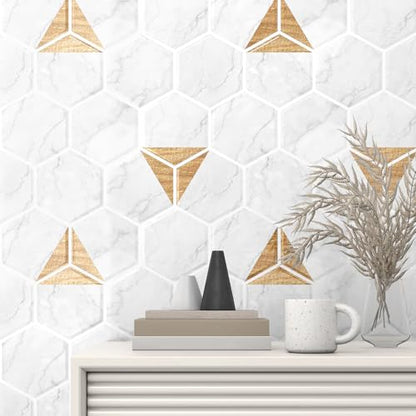 WESTICK White Gold Marble Back Splash Stick on Tiles for Kitchen Hexagon Peel and Stick Backsplash Tile Waterproof Bathroom Vinyl Backsplash Panels for Laundry Room Wall RV 10 Pack 12" x 12" - color: 9.Gold white