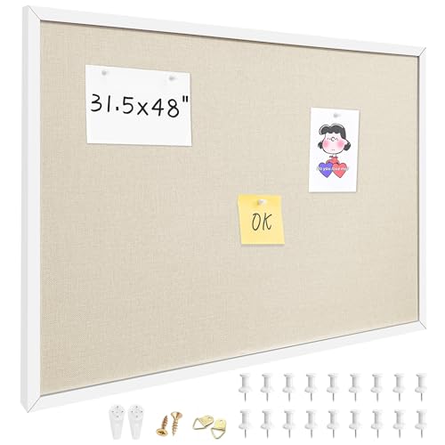 31.5x48 Inch Cork Board for Wall Hanging with Linen, Bulletin Board with Push Pins, Mounted Memo Message Board for Home Office Decor, Dorm Room Essentials, Classroom Organization - color: Natural Wood Frame, size: 31.5*48inch