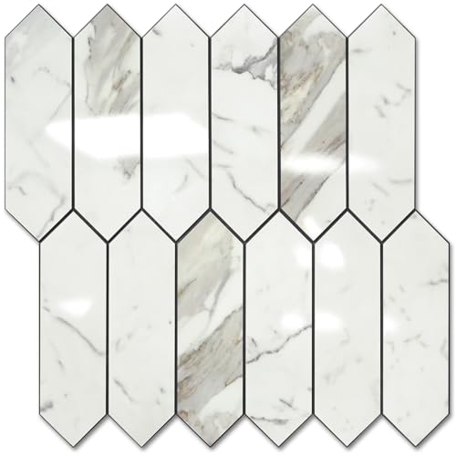 Vamos Tile Glossy Carrara White Backsplash Tile Peel and Stick, 12.8 x 12.8 Inch 10 Sheets Long Hexagon PVC Self Adhesive Mosaic Wall Tiles Stick on Backsplash for Kitchen and Bathroom - color: Glossy Carrara White