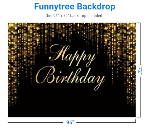 Funnytree 96" x 72" Happy Birthday Party Backdrop Black and Gold Glitter Bokeh Sequin Spots Photography Background Golden Sparkle Shining Dots Baby Abstract Milestone Banner Cake Table Decor Photo - size: 96 X 72 in