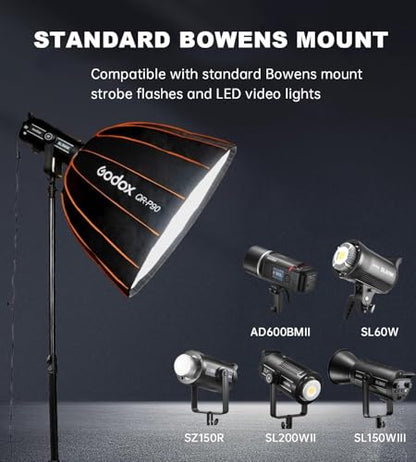 Godox Quick Release Parabolic Softbox,QR-P90 35.4”/90cm Portable Bowens Mount Soft Box with Honeycomb Grid,Carry Bag,Front/Inner Diffuser for Photography Studio Portrait Live Streaming Video Shooting - size: QR-P90