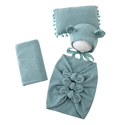 Newborn Baby Boy Girl Photography Props Bow Wrap, Posing Aid, Hat and Blanket Set of 4 Pcs - color: Light Green
