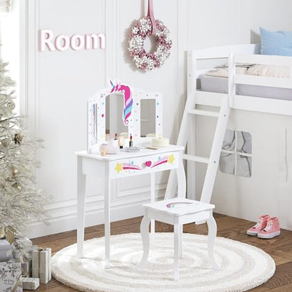 Spirich Kids Vanity, Girls Vanity Set with Mirror and Stool and Lights, Kids Vanity Table and Chair Set, Wooden Princess Makeup Desk Dressing Table - size: Unicorn and Rainbow