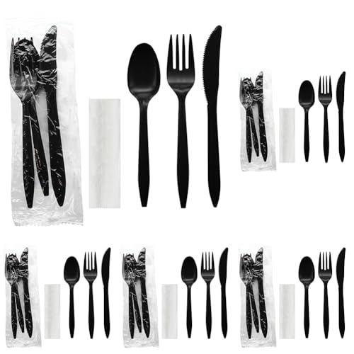 Party Essentials Individually Wrapped Plastic Cutlery Packets/Silverware Kits, Black Fork/Spoon/Knife/Napkin, 100 Sets (Pack of 5) - color: Black Fork/ Spoon/ Knife/ Napkin, size: 100 Sets (Pack of 5)