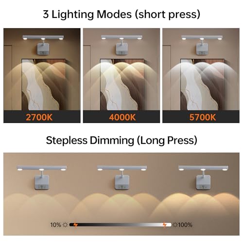 Motion Sensor Picture Light with Remote & Extendable Bar, 600 Lumens Dimmable LED Wall Light, 5000mAh Rechargeable Battery Operated for Artwork, Photos, Hallway, Bedroom,White - color: White 1 Pack