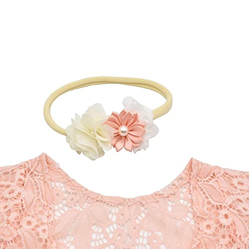 Newborn Lace Romper, 2 PCS Baby Girl Photography Props, Newborn Girl Photography Outfits with Flower Headband for Infants - color: Pink