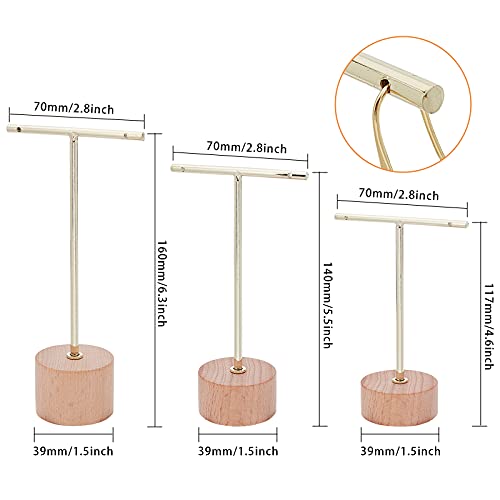 FINGERINSPIRE Gold Metal 3 Pcs T Bar Earring Display Stand with Wooden Base Jewelry Holders Hanging Jewelry Organizer for Store Retail Photography Props【Gold- Round Base, 6.3&5.5&4.6 Inch Height】 - color: Gold- Wood Round Base, 6.3&5.5&4.6 Inch Height