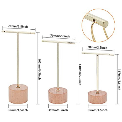 FINGERINSPIRE Gold Metal 3 Pcs T Bar Earring Display Stand with Wooden Base Jewelry Holders Hanging Jewelry Organizer for Store Retail Photography Props【Gold- Round Base, 6.3&5.5&4.6 Inch Height】 - color: Gold- Wood Round Base, 6.3&5.5&4.6 Inch Height