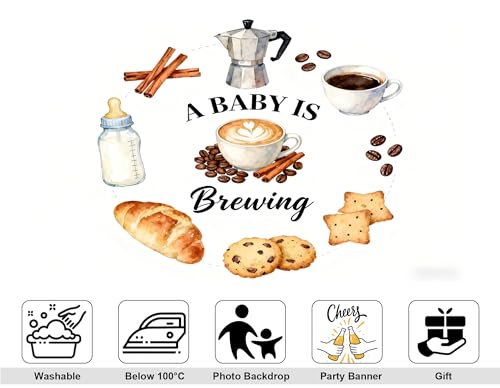 4x4ft A Baby is Brewing Backdrop Baking Theme Feeding Bottle Croissant Brown Coffee Beans Cute Bear Newborn Sweet Cake Smash Baby Shower Decorations Photography Background Photo Studio Props - size: 4x4ft