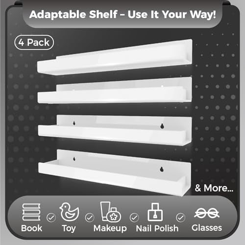 4 Pack 15 Inch Whtie Acrylic Shelves, Kids Floating Bookshelf for Kids Room, Modern Nail Polish Rack Sunglasses Essential Oil Picture Ledge Display Toy Storage Wall Shelf - color: 15in-whtie