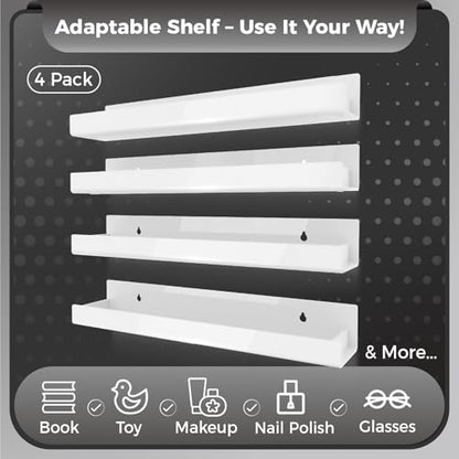 4 Pack 15 Inch Whtie Acrylic Shelves, Kids Floating Bookshelf for Kids Room, Modern Nail Polish Rack Sunglasses Essential Oil Picture Ledge Display Toy Storage Wall Shelf - color: 15in-whtie