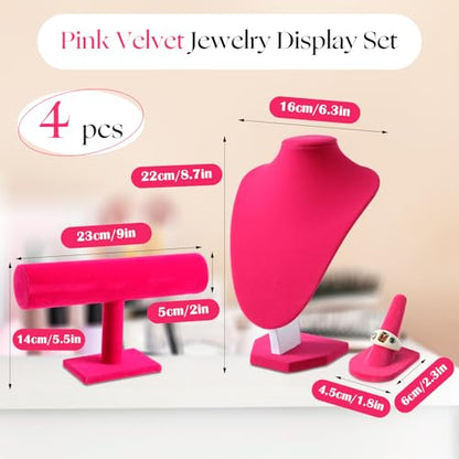 Wenqik 4 Pcs Velvet Jewelry Display Set Velvet Necklace Bust Holder Bracelet Organizer 2 Ring Finger Jewelry Holder - color: Rose Red
