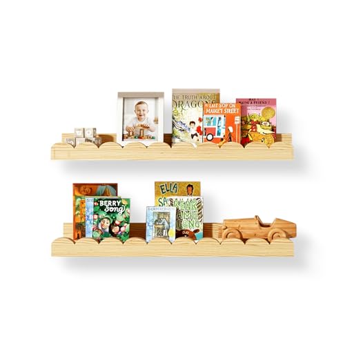 Nursery Floating Shelves for Kids Room, 2 Pack 23.6 Inch Natural Wood Wall Shelves with Scalloped Edge, Kids Bookshelves for Toddler Bedroom, Playroom, Baby Nursery Decor - color: Wood, size: 2pc-23.6in