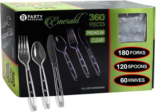 PARTY BARGAINS Emerald Settings Clear Plastic Cutlery Set 360-Piece – 180 Forks, 120 Spoons, 60 Knives – Heavy-Duty Disposable Utensils for Parties, Weddings, Buffets, BBQs & Catering – BPA Free - color: Emerald, size: 360 Pieces