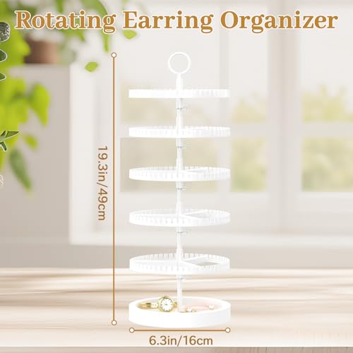 MODOWEY 5 Tier Rotating Earring Holder Organizer Display Tree with Wooden Tray, Adjustable Plastic Stand with 285 Slots for Stud Hoop Hanger, Large Capacity Storage Rack for Women Space Saving, White - color: Solid White