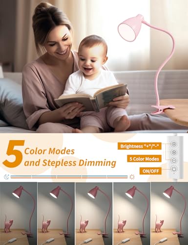 BOHON Cute Desk Lamp with Clamp 10W 38 LED Clip on Light, 5 Color 10 Brightness Auto Off Timer Flexible Gooseneck Pink Lamp Kawaii Accessories Desk Lights for Office Home Bed Bedside Reading, Pink - color: Pink