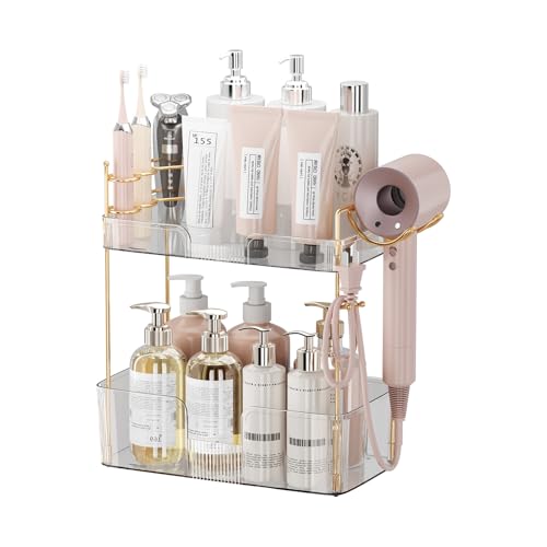 shuang qing 2 Tier Bathroom Counter Organizer with Hair Dryer Holder, Hair Tool Countertop Storage, Cosmetics Skincare Shelf Organizer, Makeup Organizer Perfume for Dresser Vanity Tray - White - color: Lvory White, size: New-2 Tier