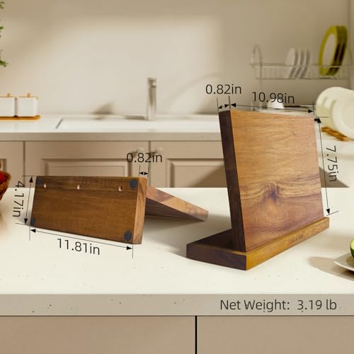 FINDKING Magnetic Knife Block, Teak Wood Utensils Holder, Strong Magnet Stand for Kitchen Counter (10.8 x 8 Inches, Without Knives) - color: Brown