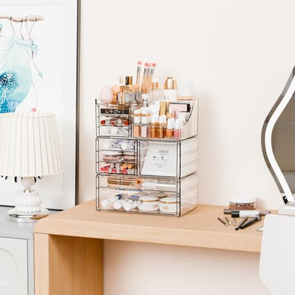 Yieach 3 Pack Clear Makeup Organizer Countertop for Dresser,Vanity and Bathroom Counter Organizer,Tiered Stackable Makeup Acrylic Organizers with 9 Drawer for Skincare,Brush and Make up Holders - style: 9 Drawers